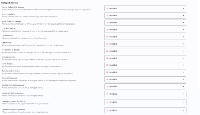 Managed devices permissions. It lists permissions such as clipboard access, installer access, chat, delete, edit, file transfer, messaging, moving, remote control, screenshots and sending Ctrl+Alt+Del. All permissions are currently set to Disabled, shown by red "X" icons and drop-downs.